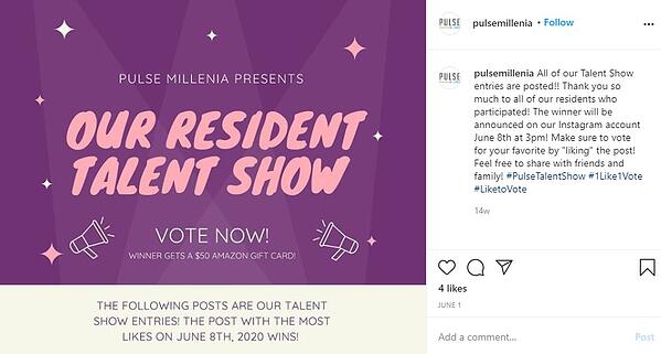 1 like 1 vote instagram contest by pulse millenia: "All our talent show entries are posted. Make sure to vote for your favorite by liking the post! feel free to share with friends and family!"