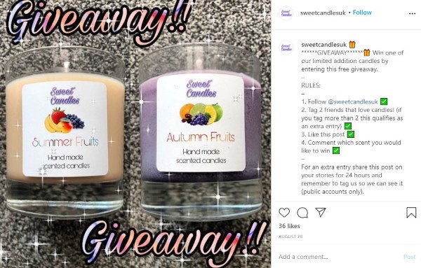 engagement contest by sweet candles uk: "win one of our limited addition candles by following our instagram account, tagging 2 friends that love candles, liking this post, and commenting which scent you would like to win"