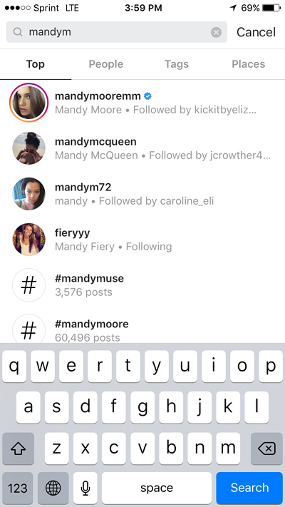 search feature for "mandym" in instagram