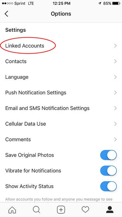 linked accounts option in instagram settings