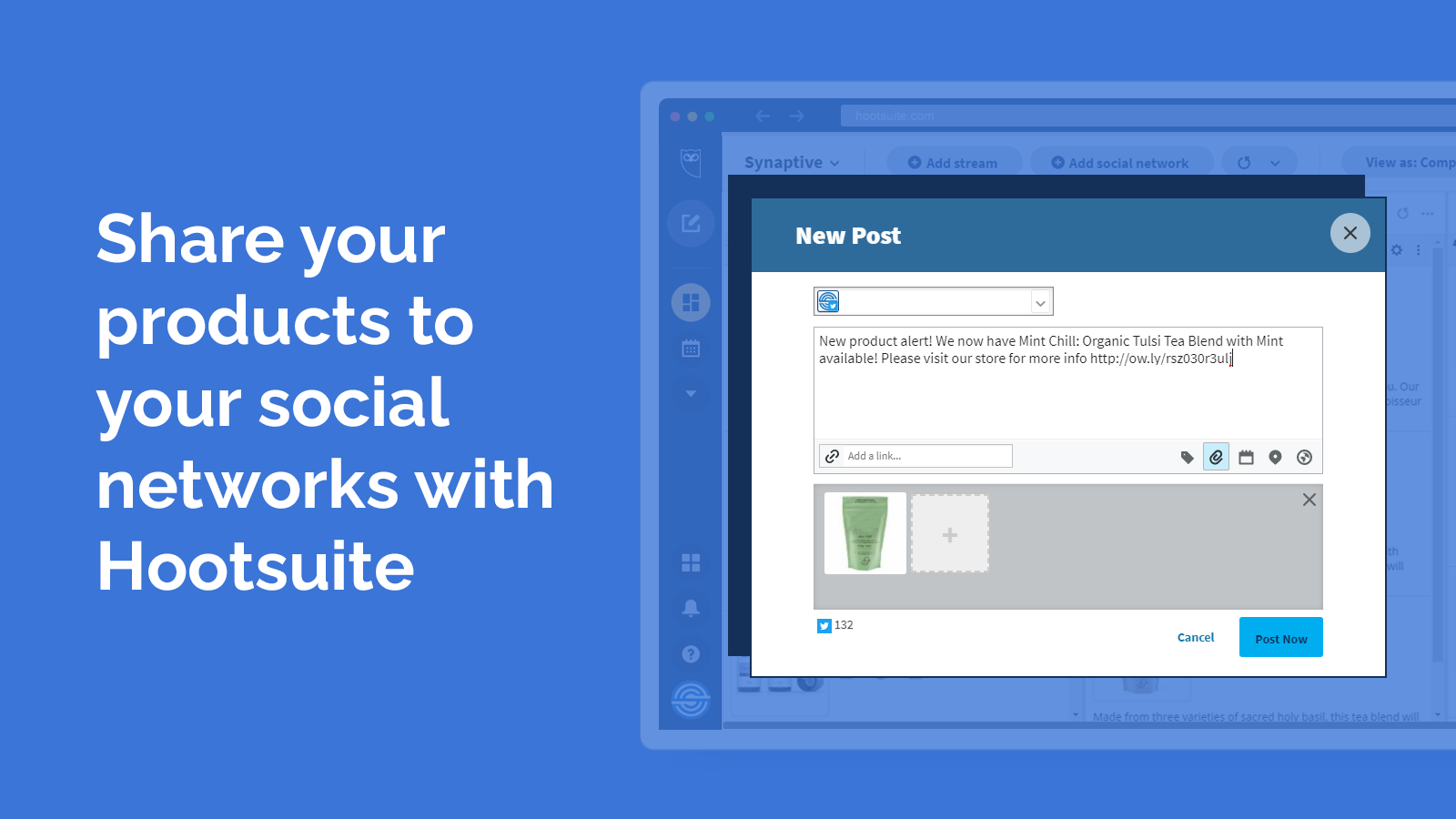 Creating a Twitter post in Hootsuite that includes a Matcha tea product