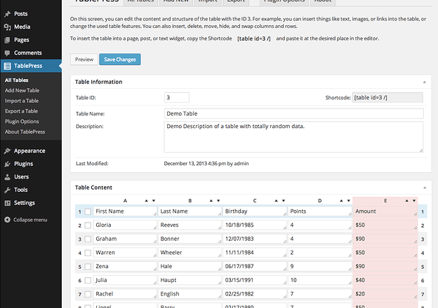 best wordpress plugins for marketers: tablepress