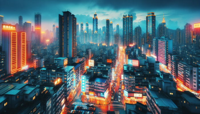 A bustling cityscape with glowing signs showing a business's NAP on various platforms, enhancing visibility and credibility.