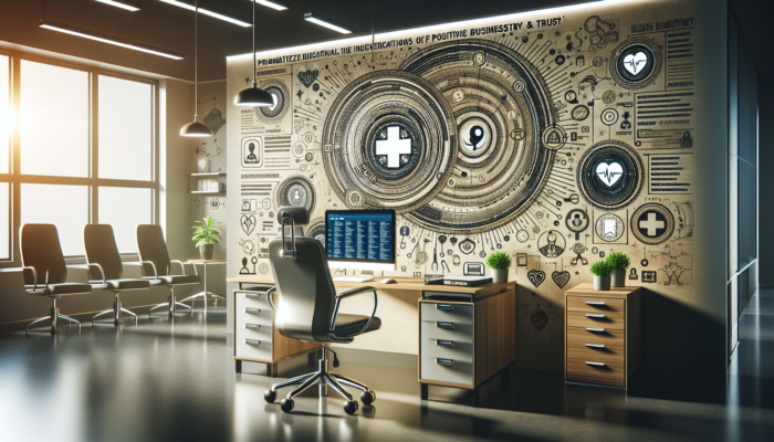 A modern office with a computer showing a health directory, medical equipment, and customer reviews enhancing visibility and trust.